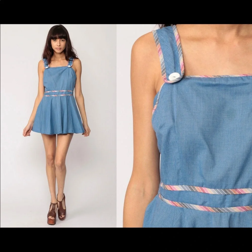 Jumper Dress 70s Mod Mini CHAMBRAY Pinafore Boho 1970s Vintage Medium Large - Picture 1 of 5